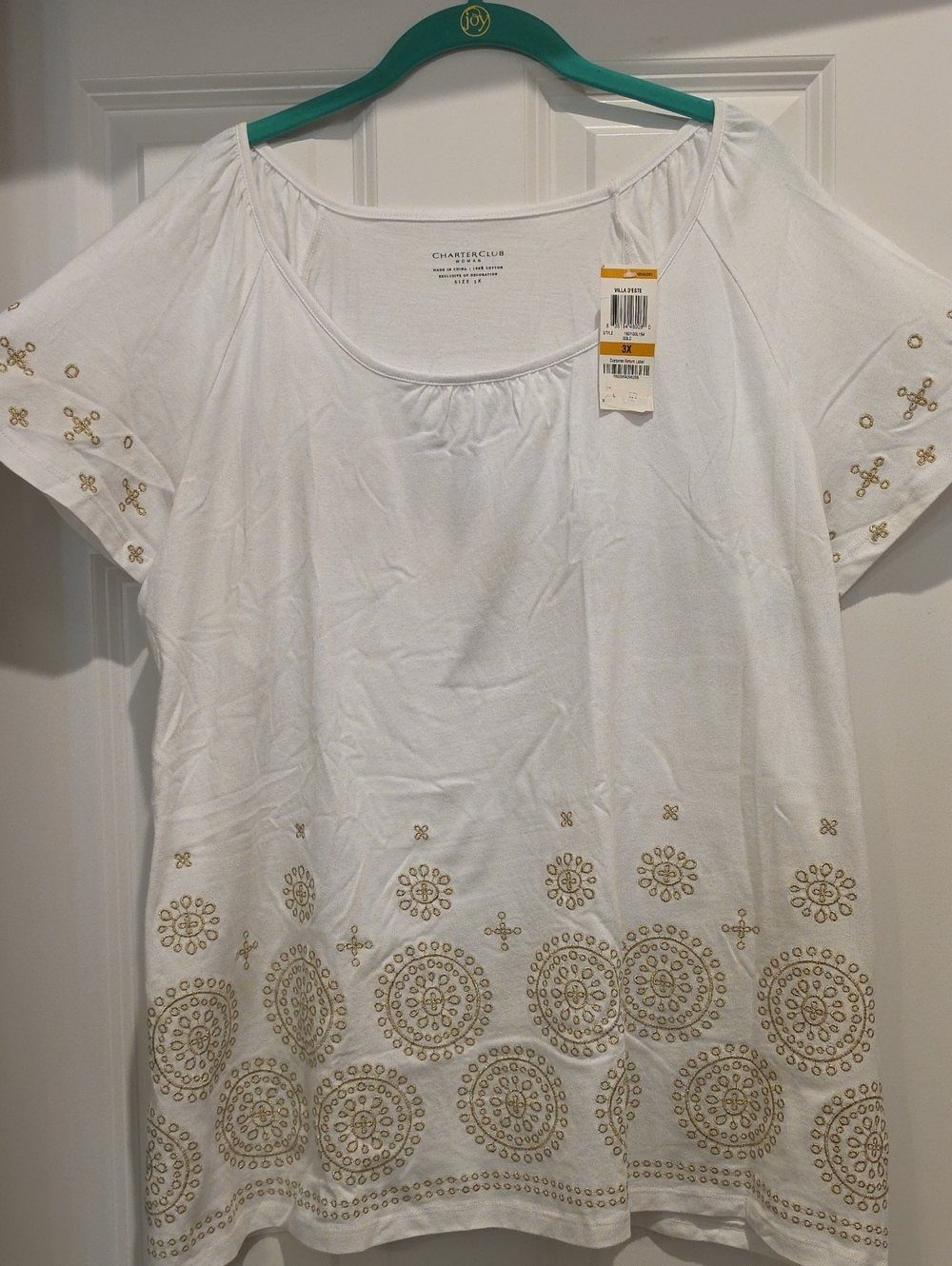 NEW Charter Club White Scoop-Neck Cotton Tunic with Gold Embroidery 3x